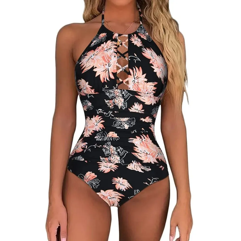 Hot Summer One Piece Swimsuit Sexy Floral Printed Women Halter Lace Up Swimwear Bathing Suit