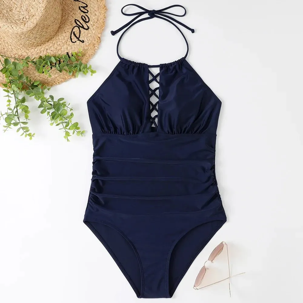 Hot Summer One Piece Swimsuit Sexy Floral Printed Women Halter Lace Up Swimwear Bathing Suit