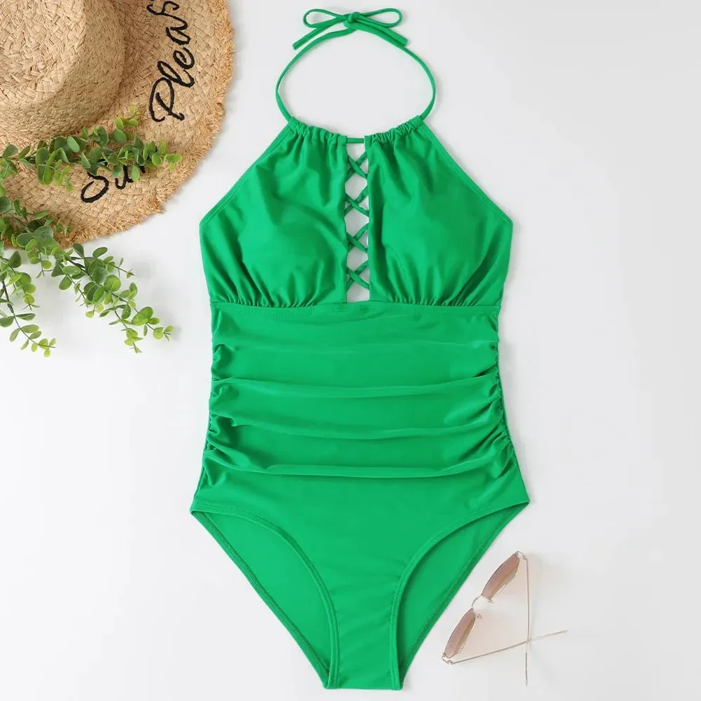 Hot Summer One Piece Swimsuit Sexy Floral Printed Women Halter Lace Up Swimwear Bathing Suit