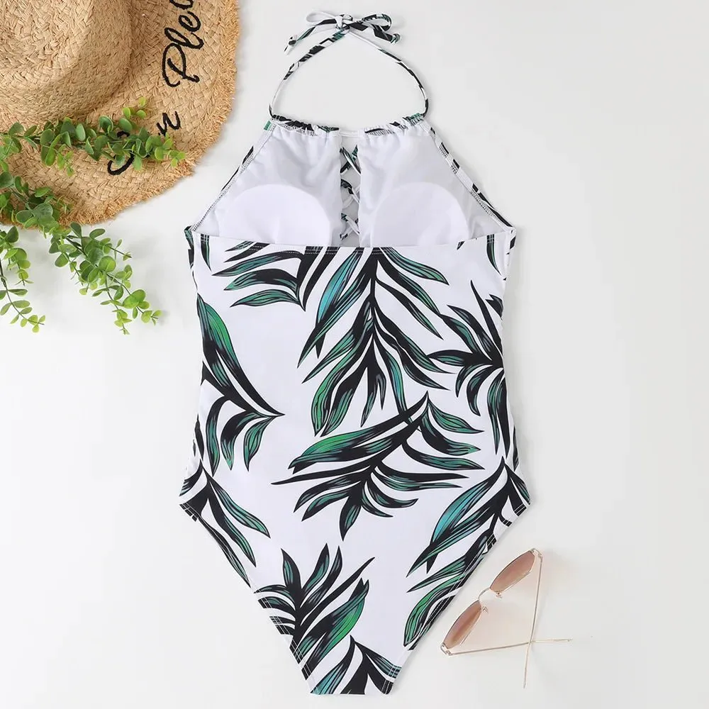 Hot Summer One Piece Swimsuit Sexy Floral Printed Women Halter Lace Up Swimwear Bathing Suit