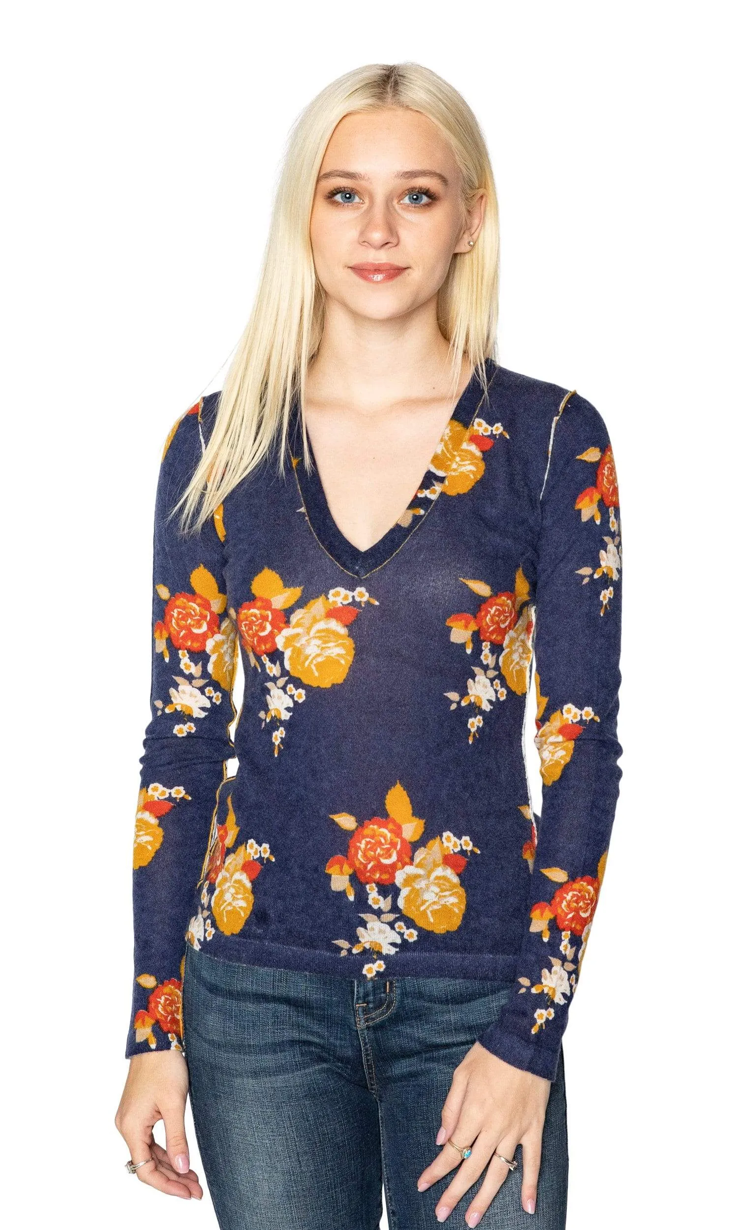 Knitwit Cashmere V Neck Pullover Sweater - Velvet Floral