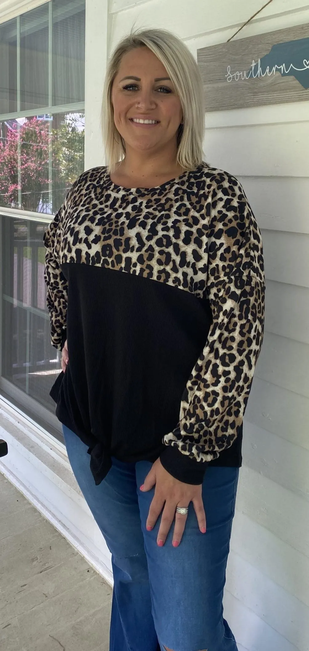 Leopard Color Block Knot Top