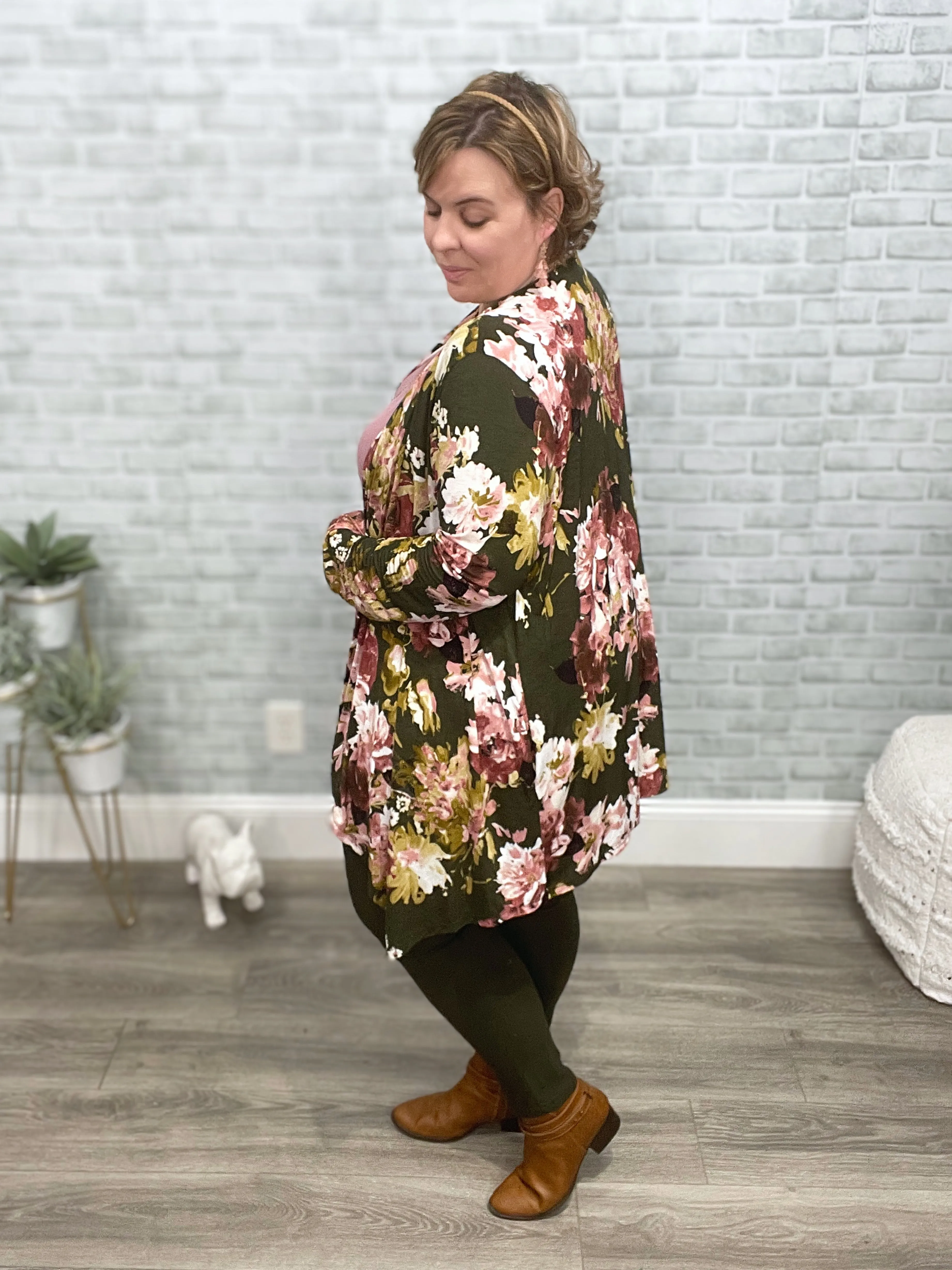 Lightweight Olive Green Floral Cardigan