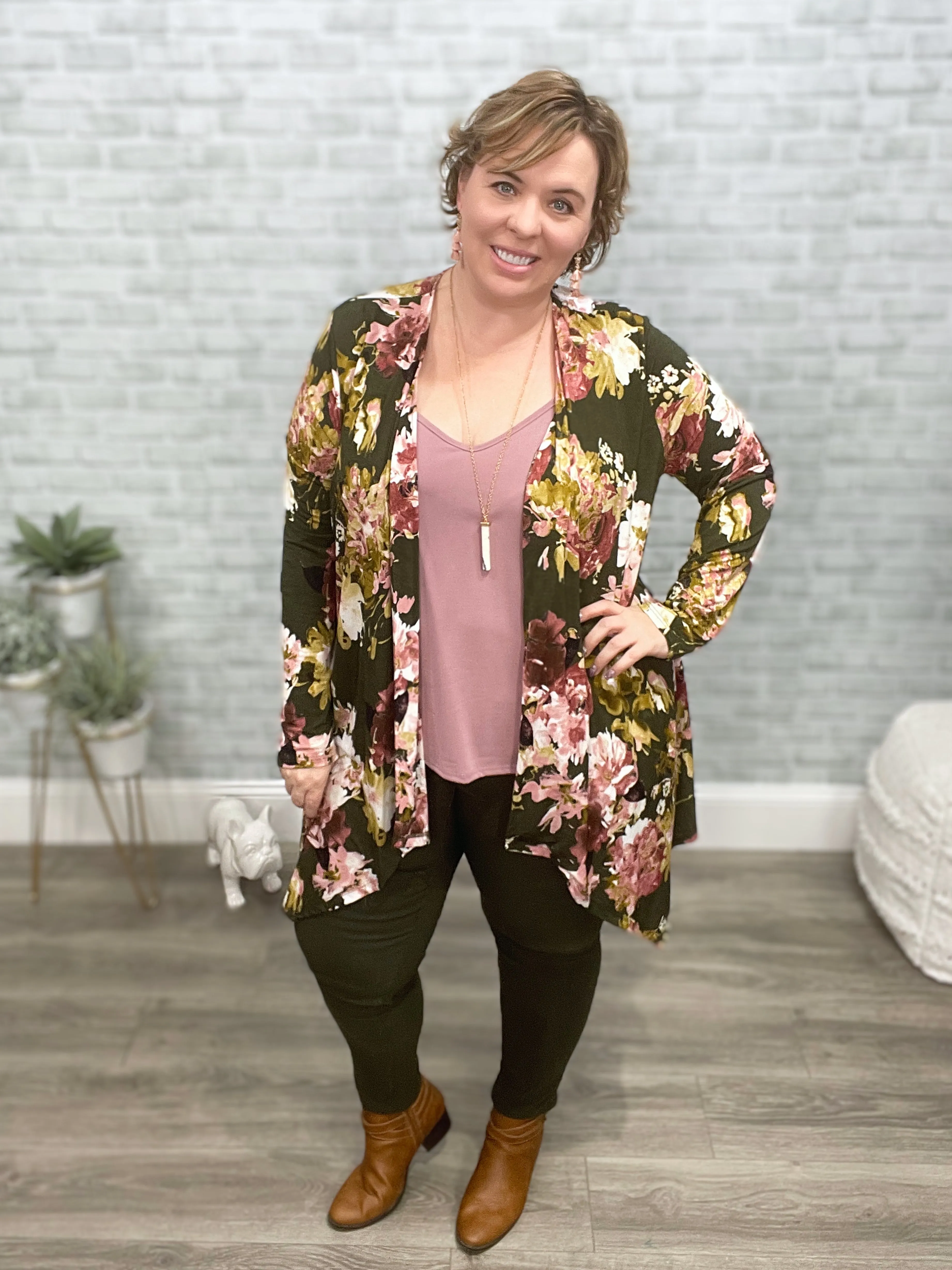 Lightweight Olive Green Floral Cardigan