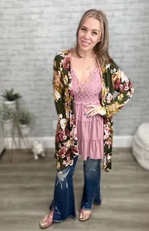 Lightweight Olive Green Floral Cardigan