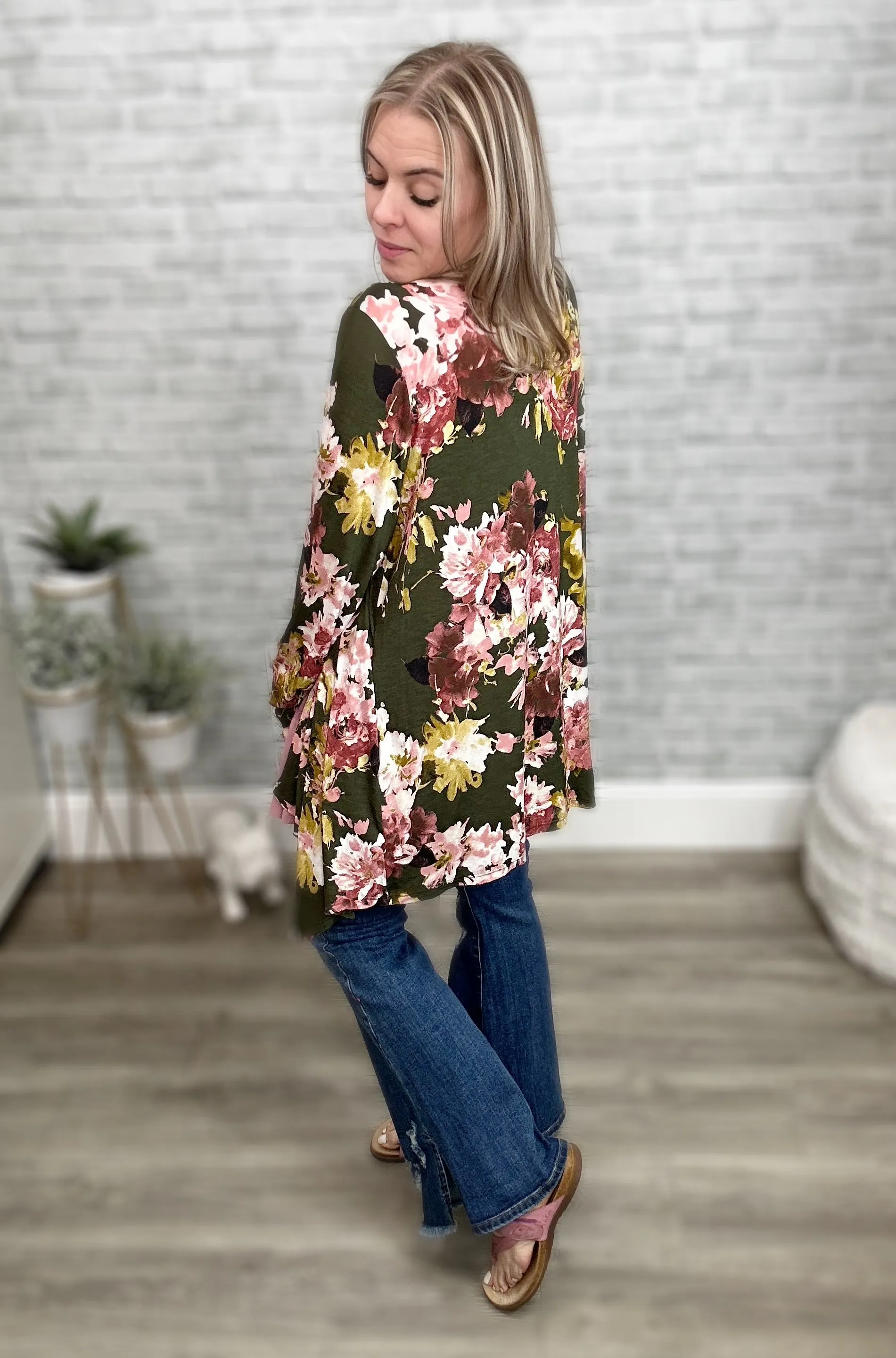 Lightweight Olive Green Floral Cardigan