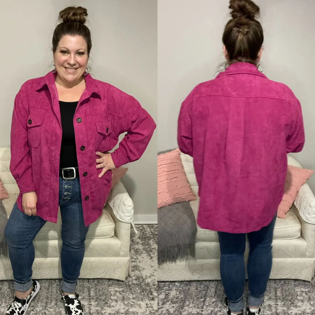 Magenta Corduroy Shacket with Pockets