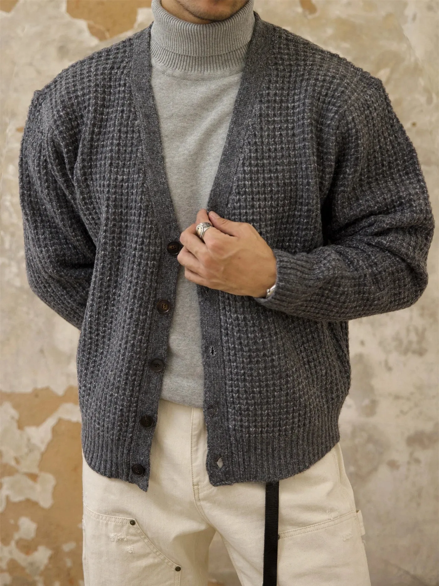 Men's Waffle V-neck Cardigan Sweater - England Style