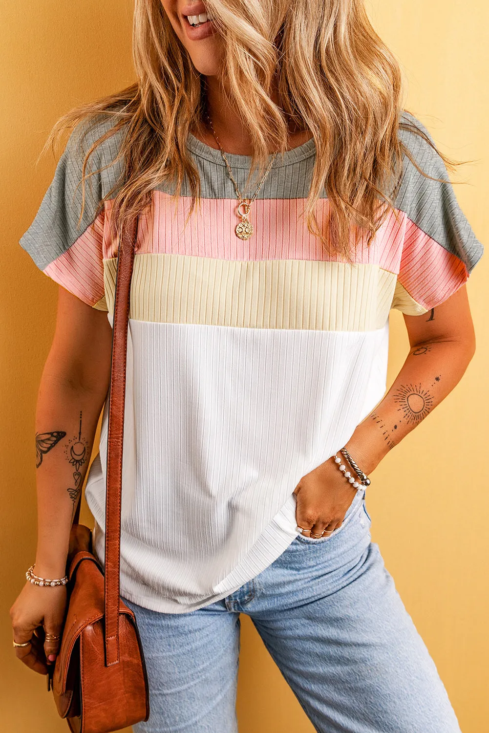 Moonlight Jade Ribbed Color Block Patchwork T-shirt