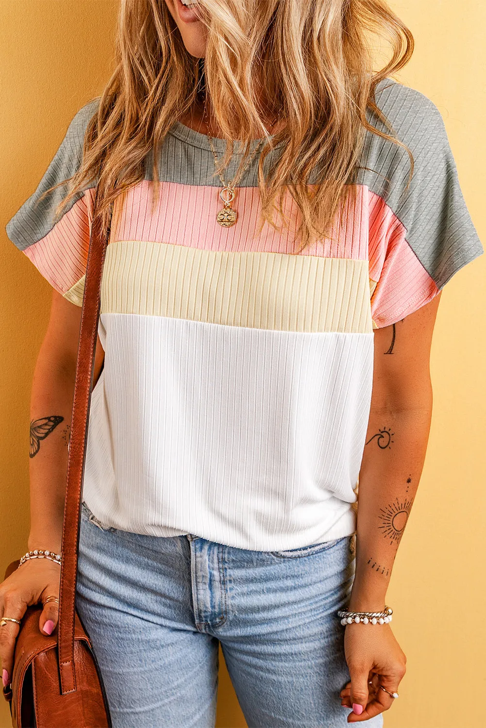 Moonlight Jade Ribbed Color Block Patchwork T-shirt