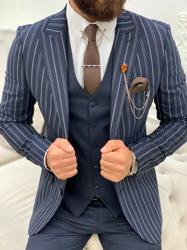 Navy Slim Fit Peak Lapel Striped Suit by GentWith | Worldwide Shipping