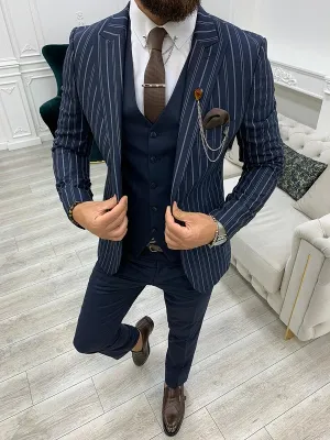 Navy Slim Fit Peak Lapel Striped Suit by GentWith | Worldwide Shipping