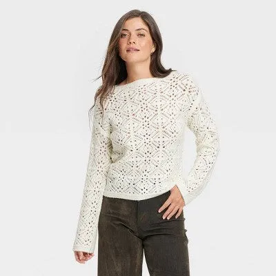 New - Women's Boat Neck Openwork Pullover Sweater - Universal Thread