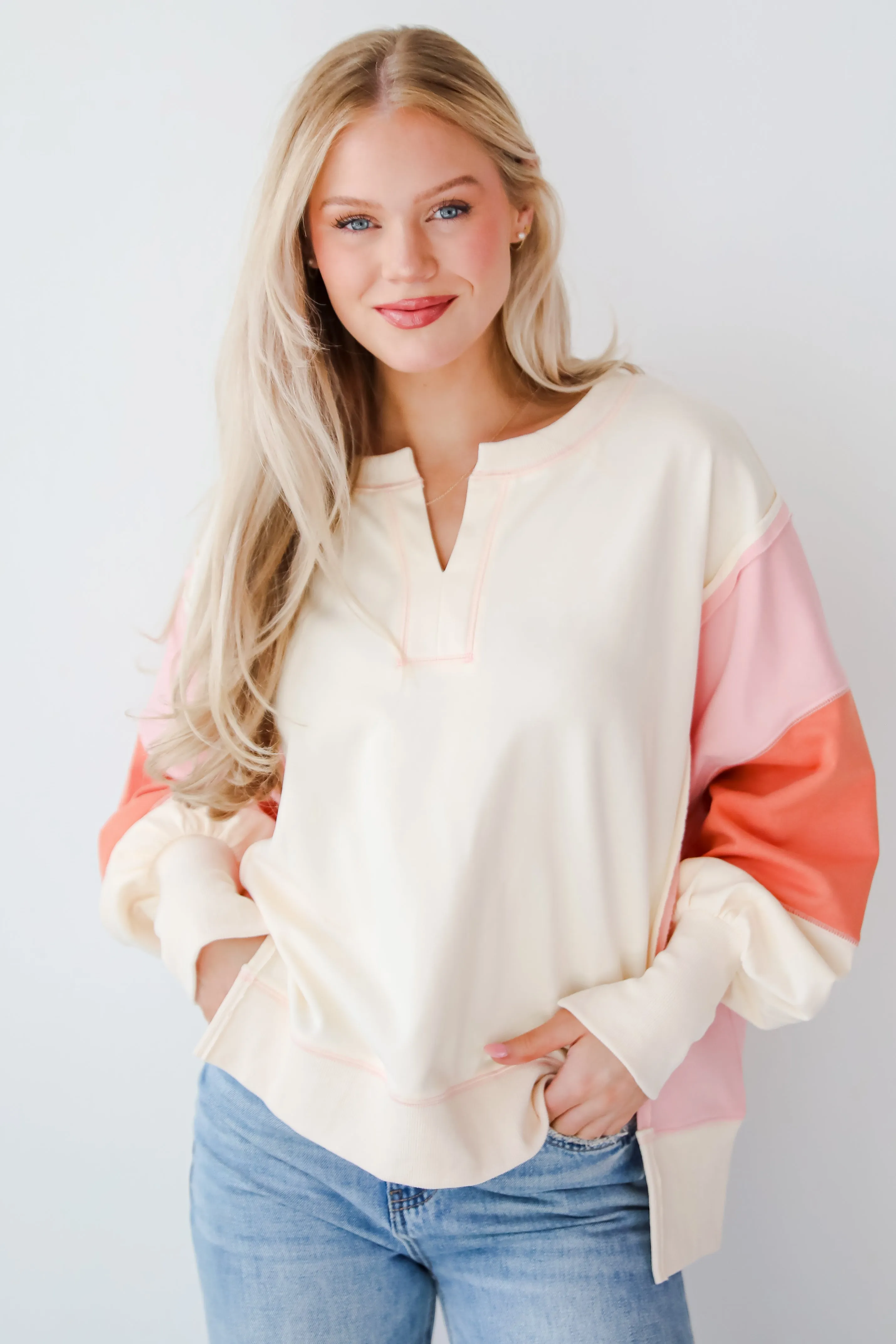 Perfect Coziness Cream Color Block Pullover