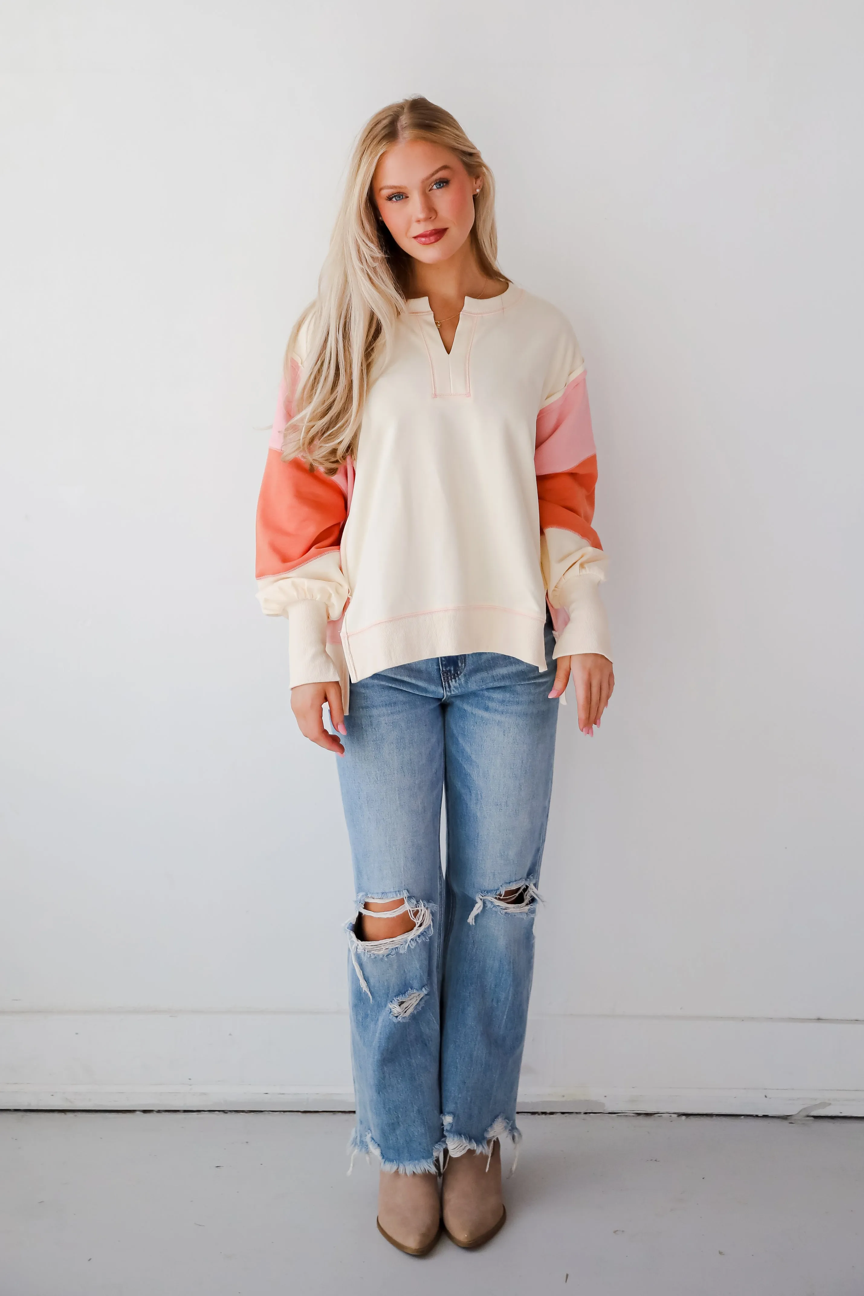 Perfect Coziness Cream Color Block Pullover