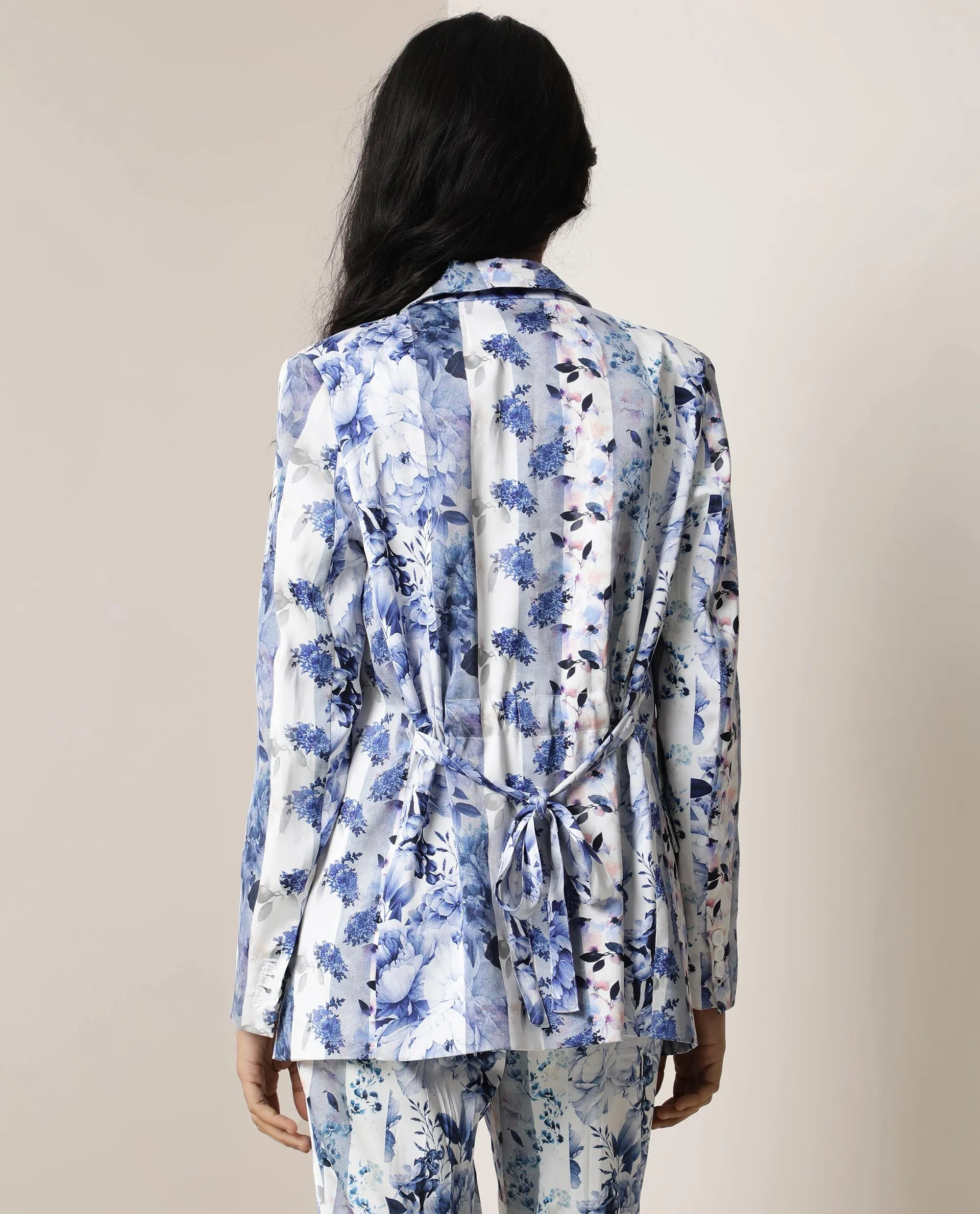 Rareism Women Shabella Light Blue Polyester Fabric Full Sleeves Button Closure Lapel Neck Tailored Fit Floral Print Blazer