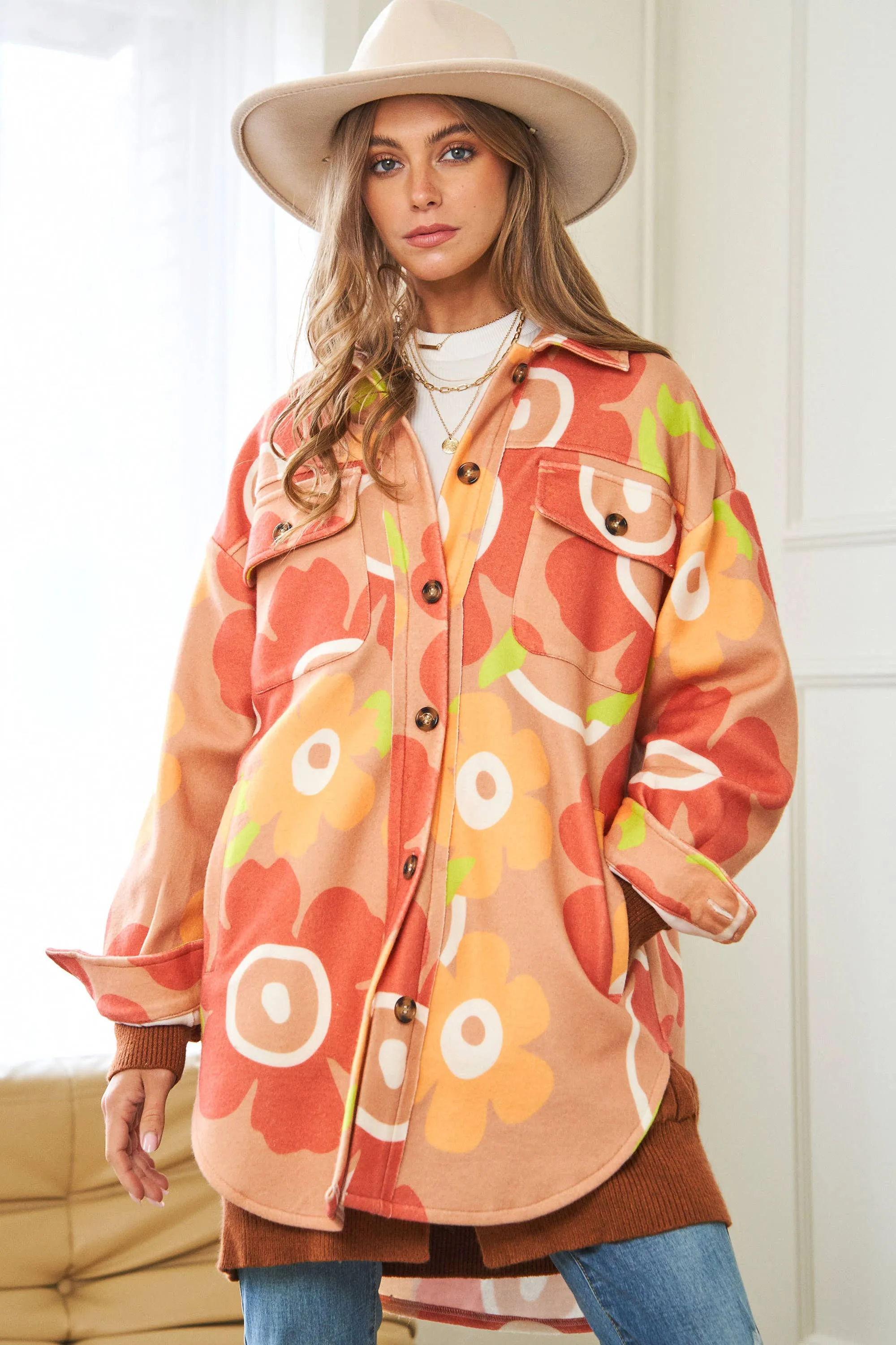 RETRO FLORAL PRINTED BUTTON FRONT SHACKET JACKET-SALE