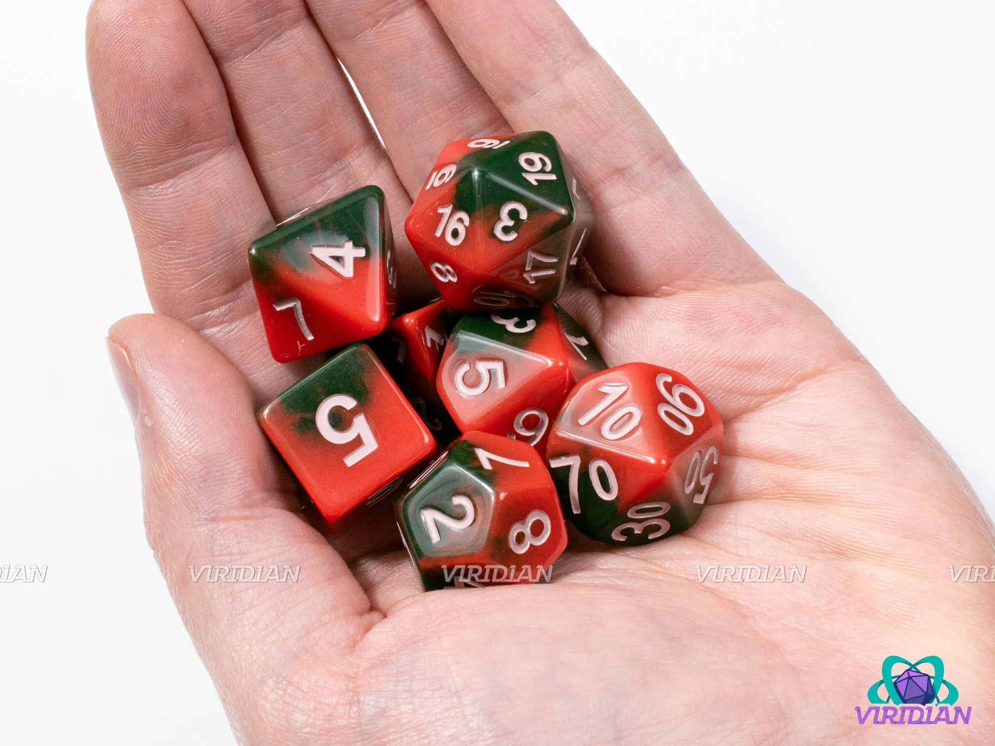 Rotten Watermelon | Dark Green and Red, Light Pink Ink, Melting Layers | Resin Dice Set (7)