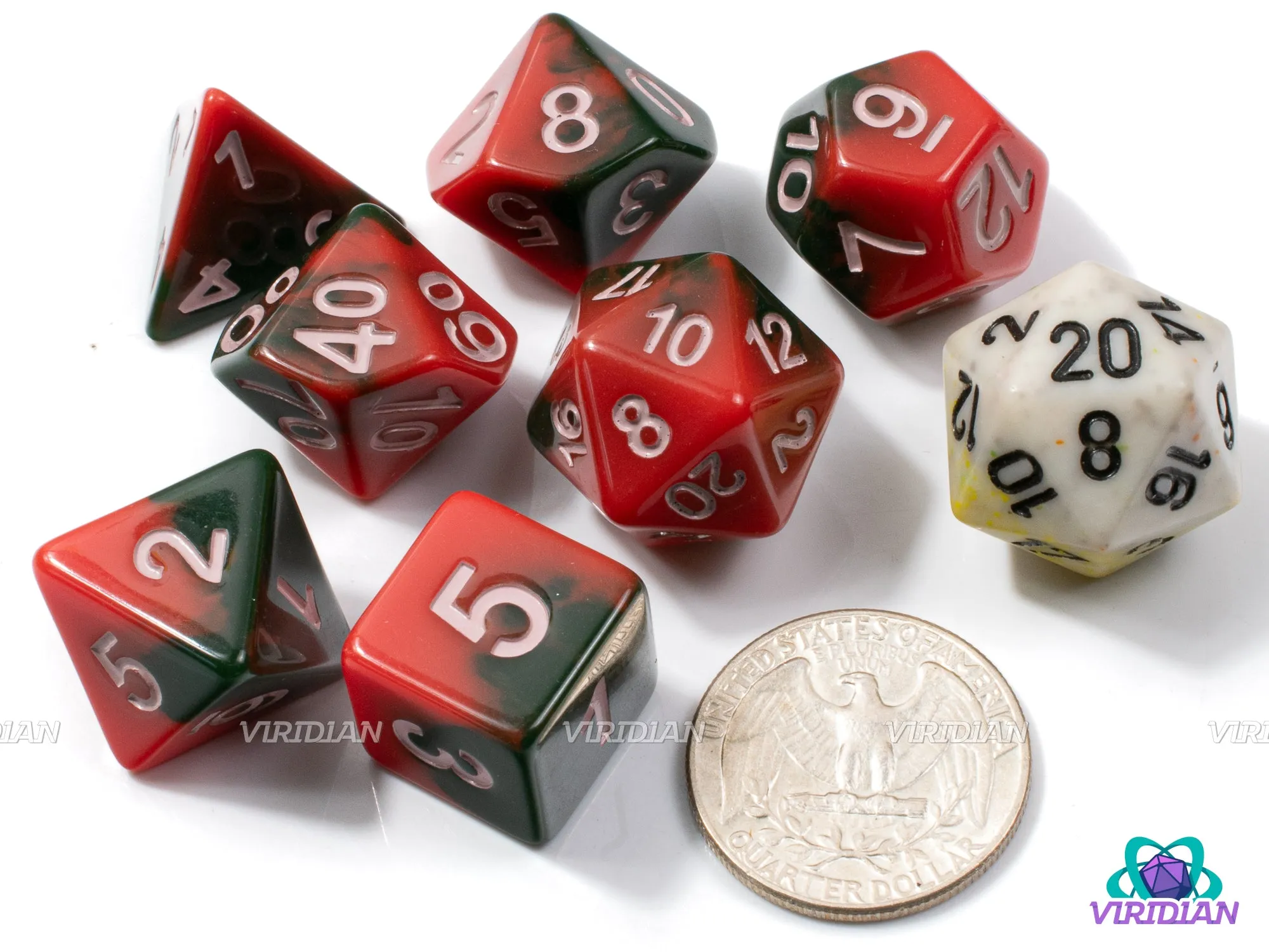 Rotten Watermelon | Dark Green and Red, Light Pink Ink, Melting Layers | Resin Dice Set (7)