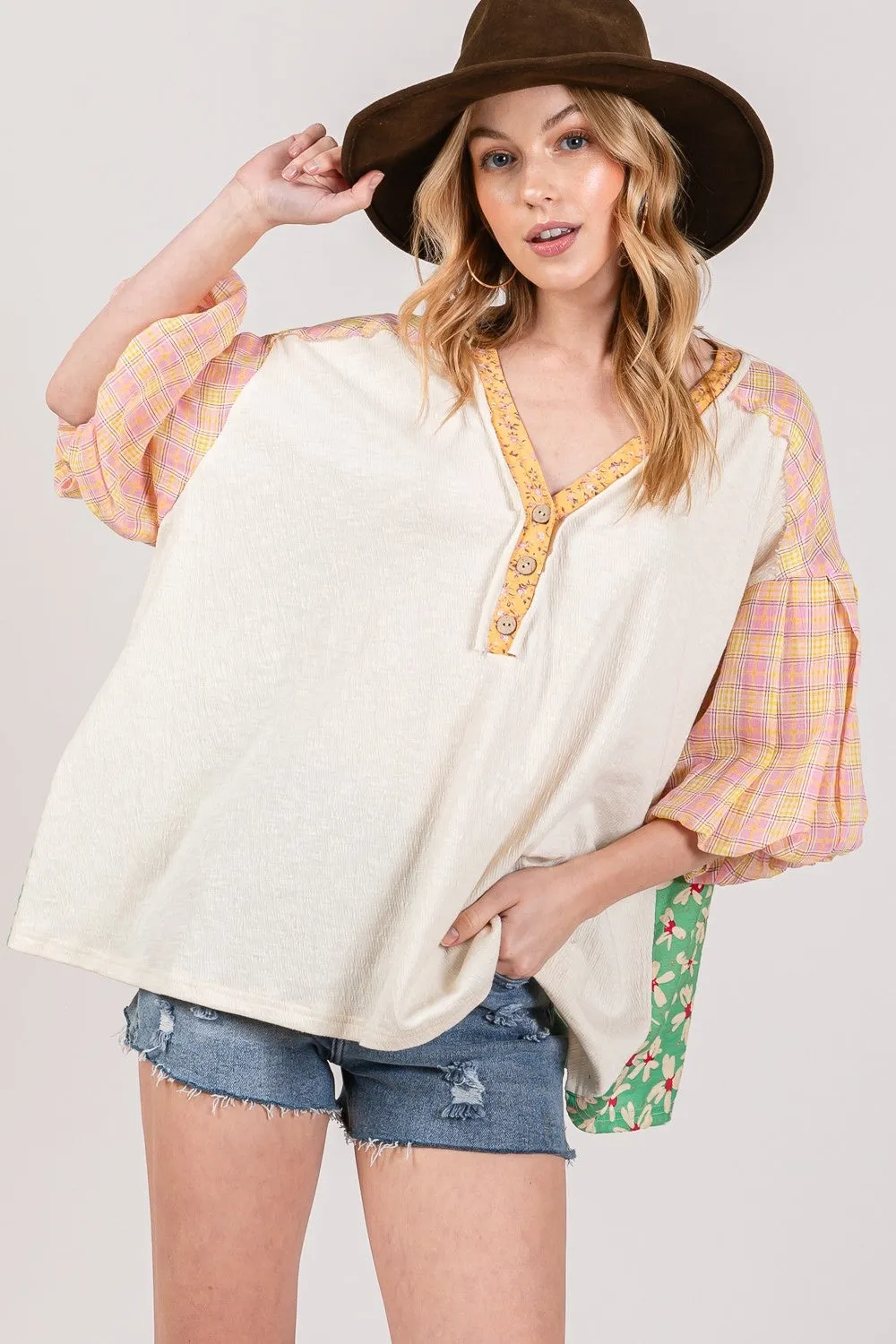 SAGE   FIG Color Block Bubble Sleeve Top