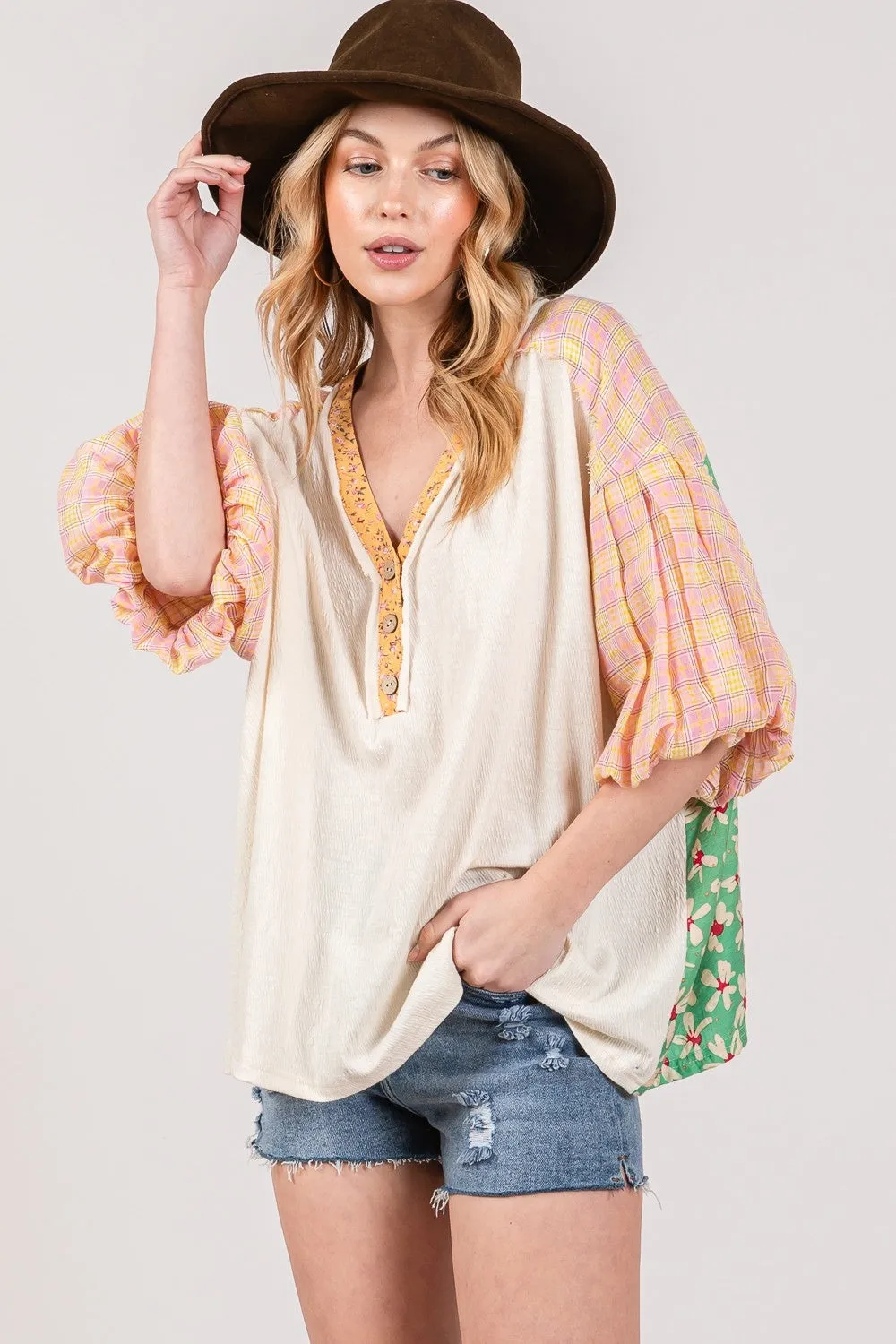 SAGE   FIG Color Block Bubble Sleeve Top