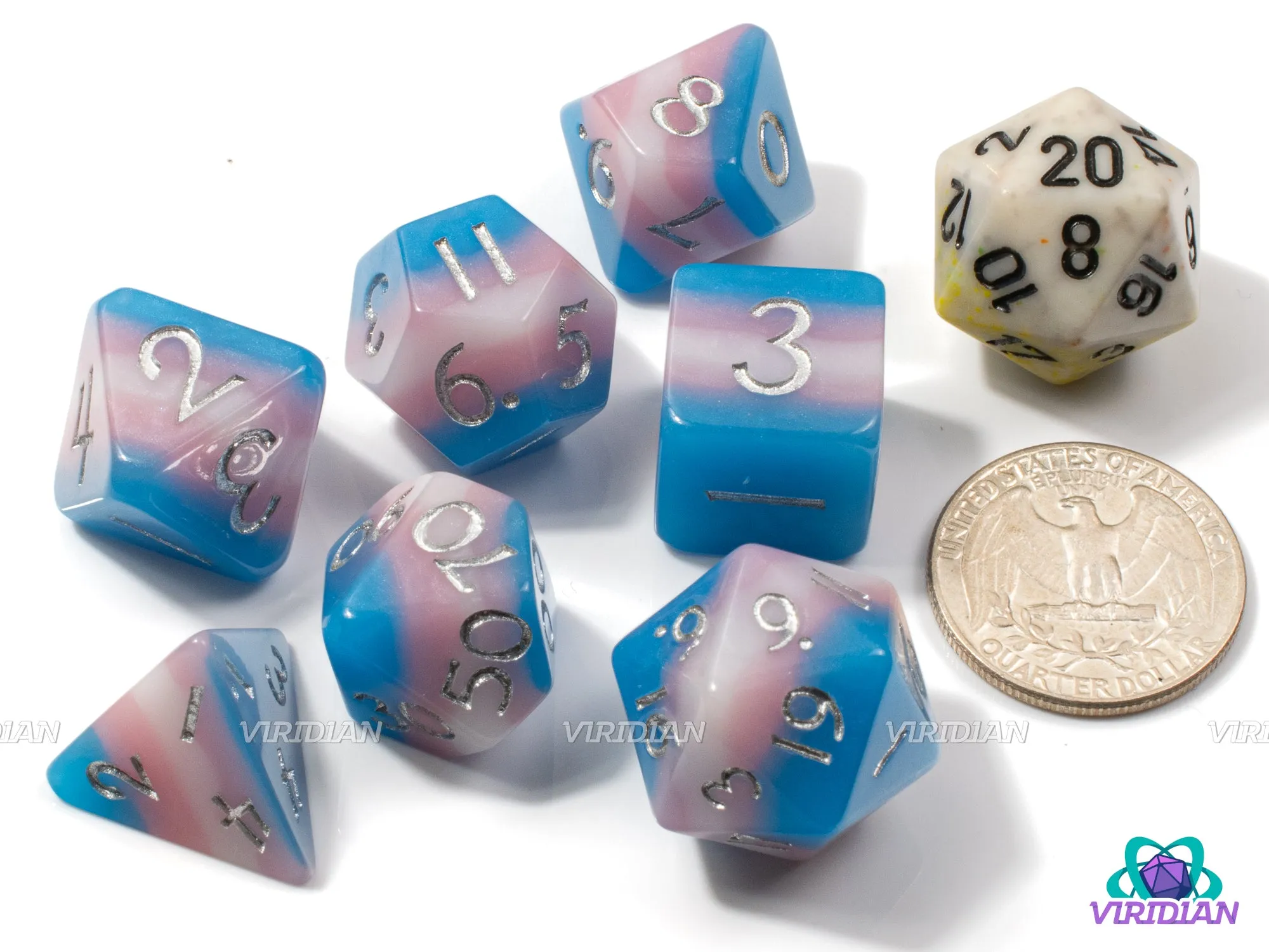 Shimmery Trans Pride | Layered Light Blue, Pink, White, Transgender Flag, Cut Corners, Ace LGBTQ  Themed | Resin Dice Set (7)