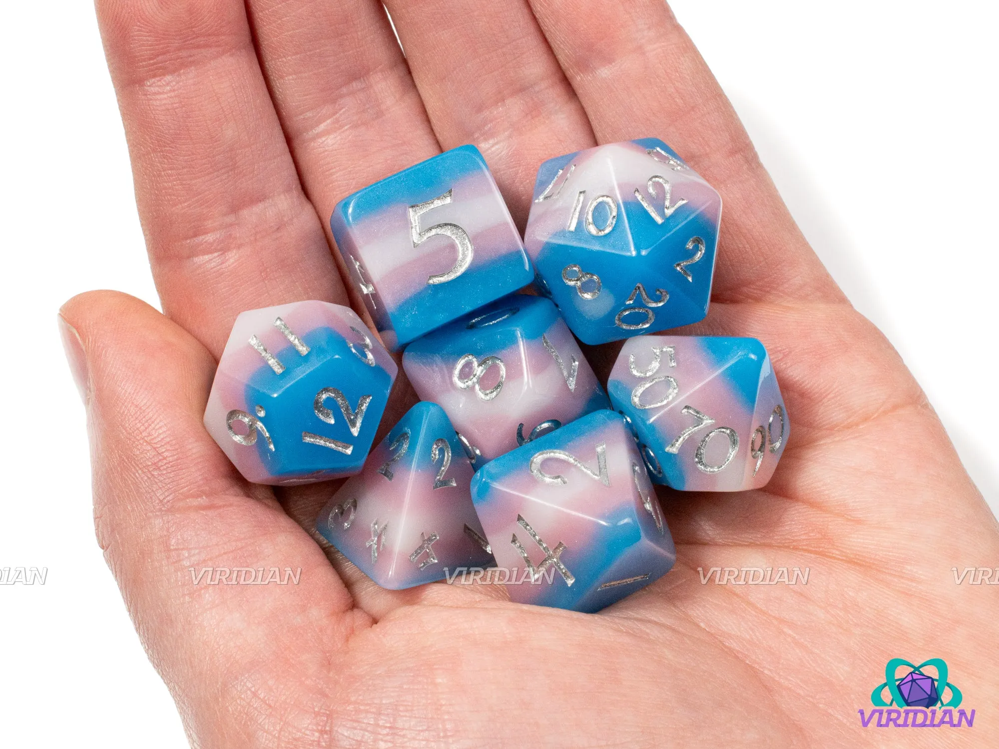 Shimmery Trans Pride | Layered Light Blue, Pink, White, Transgender Flag, Cut Corners, Ace LGBTQ  Themed | Resin Dice Set (7)