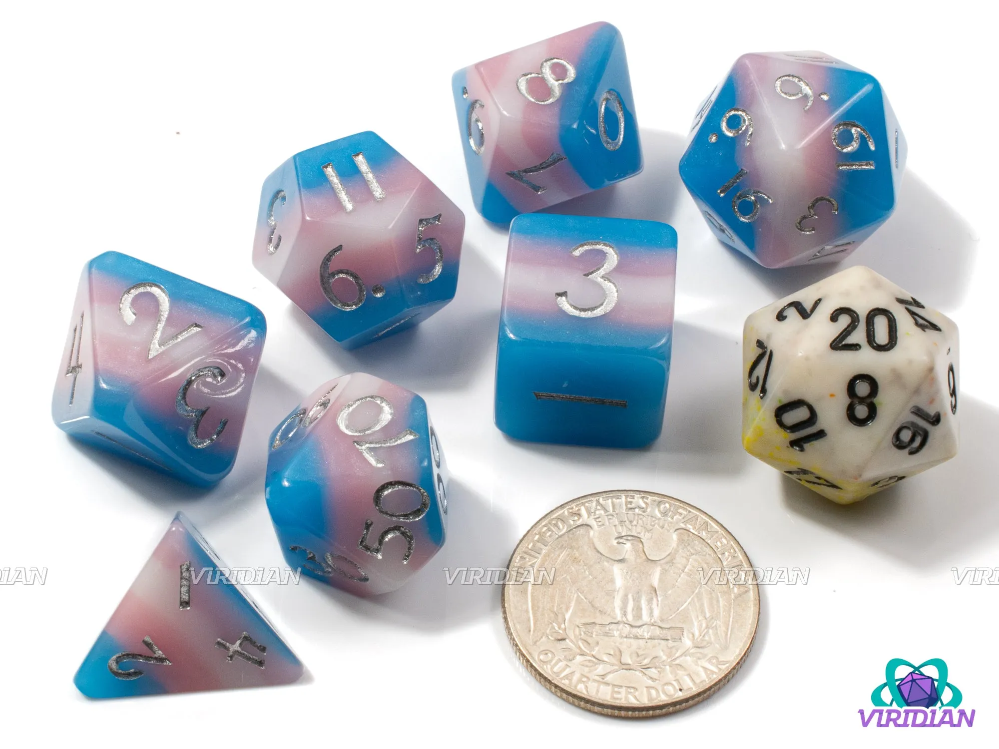 Shimmery Trans Pride | Layered Light Blue, Pink, White, Transgender Flag, Cut Corners, Ace LGBTQ  Themed | Resin Dice Set (7)