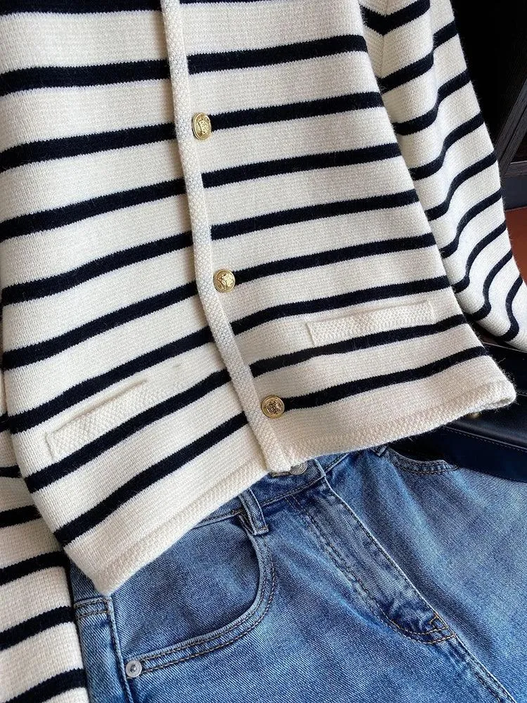 Striped Knit Cardigan: Stylish O-Neck Sweater for Women