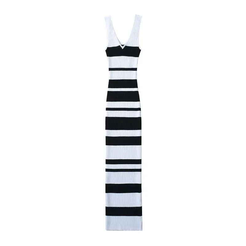 Striped V-neck Sleeveless Dress