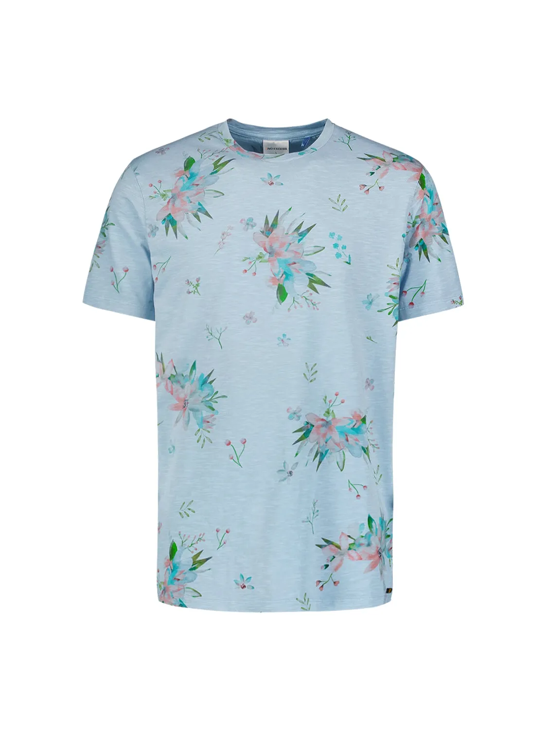 Stylish T-shirt with Round Neck and Botanical Flower Print | Sky