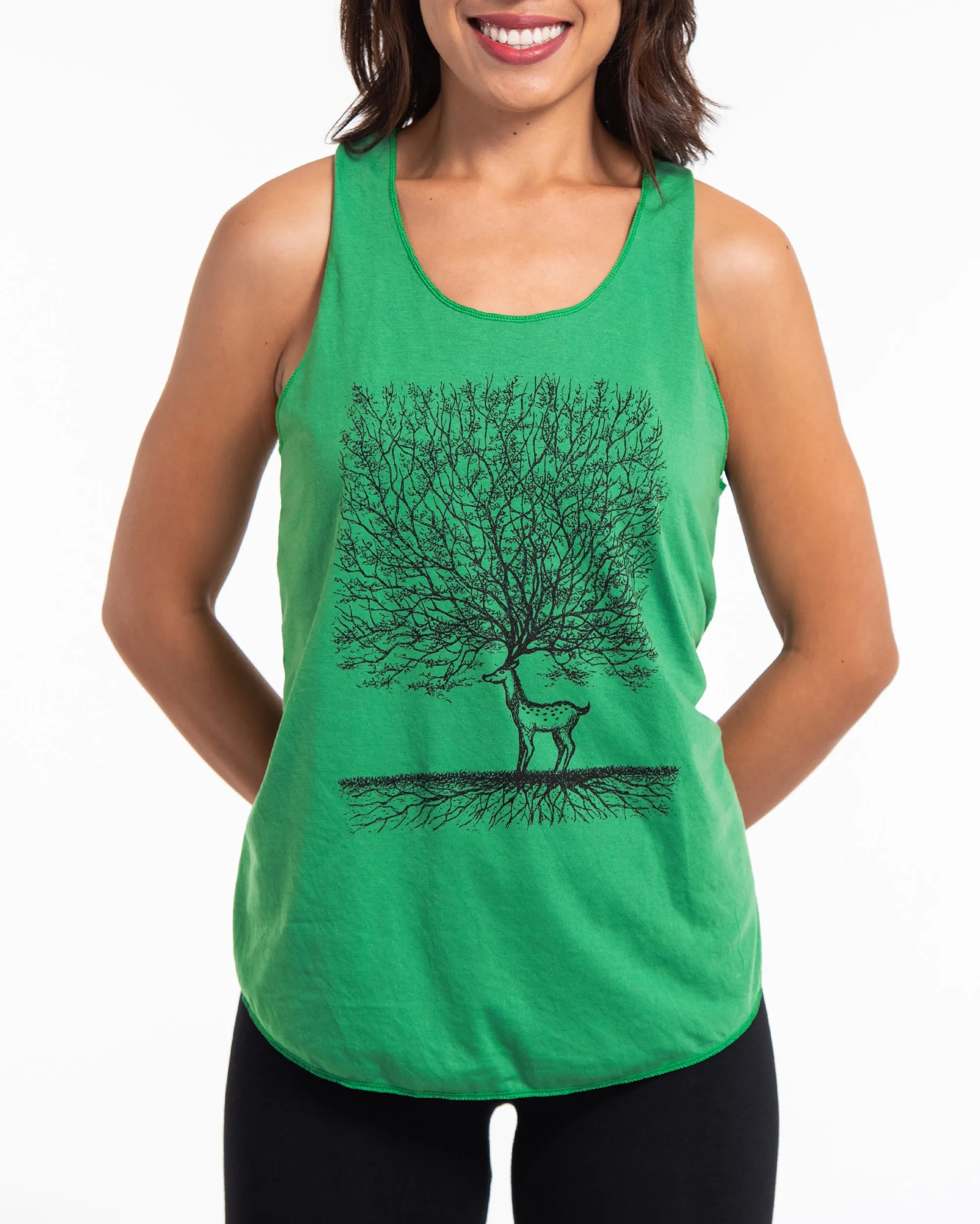 Super Soft Cotton Womens Bambi Tree Tank Top in Green