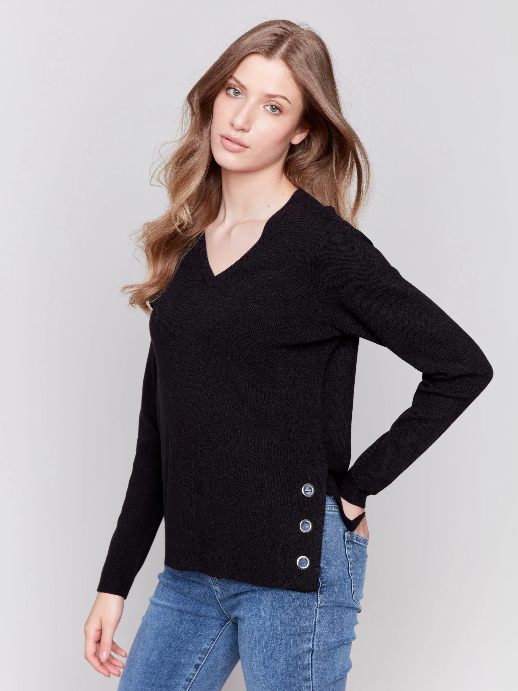 V-Neck Sweater with Grommet Detail - Black