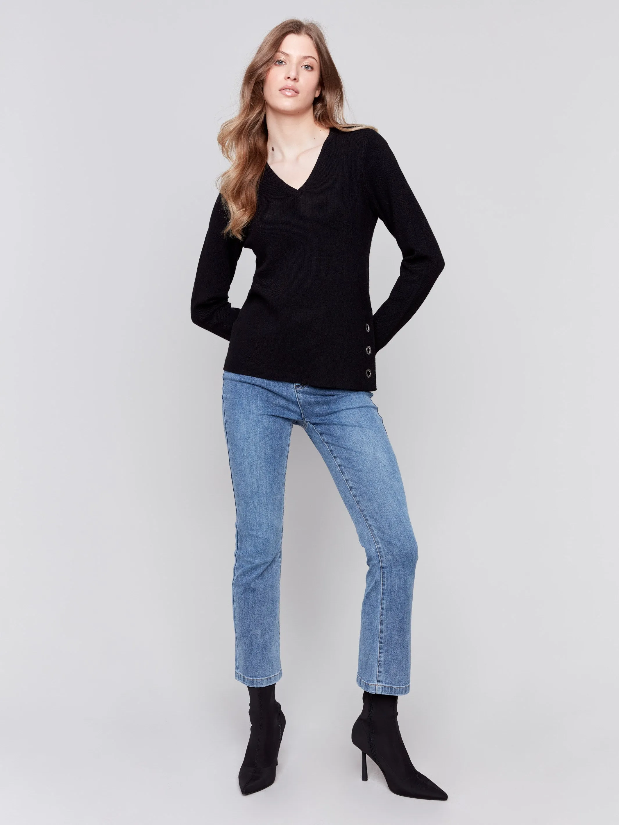 V-Neck Sweater with Grommet Detail - Black