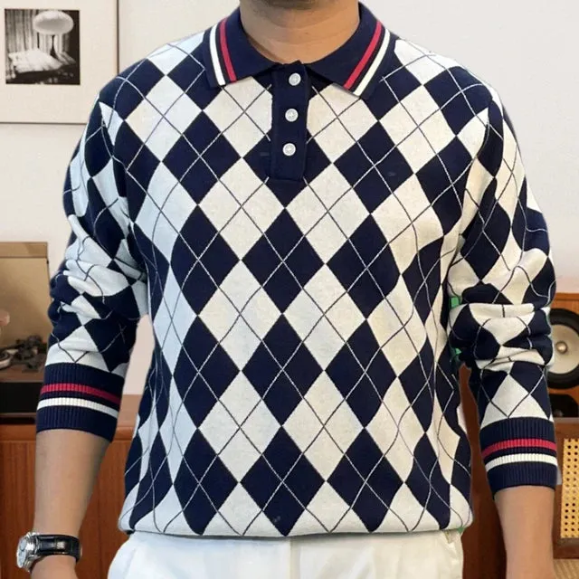 Vintage Plaid Printed Contrast Polo Shirt