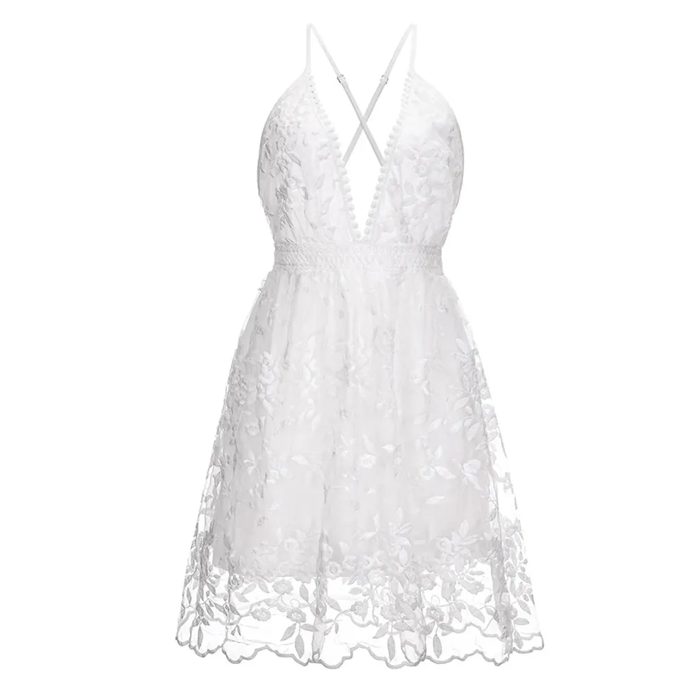 White Floral Embroidered Summer Dress - Sexy Backless Design