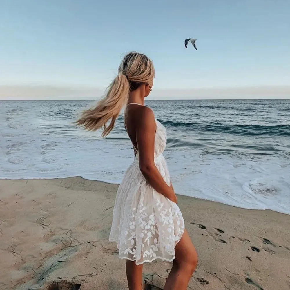 White Floral Embroidered Summer Dress - Sexy Backless Design