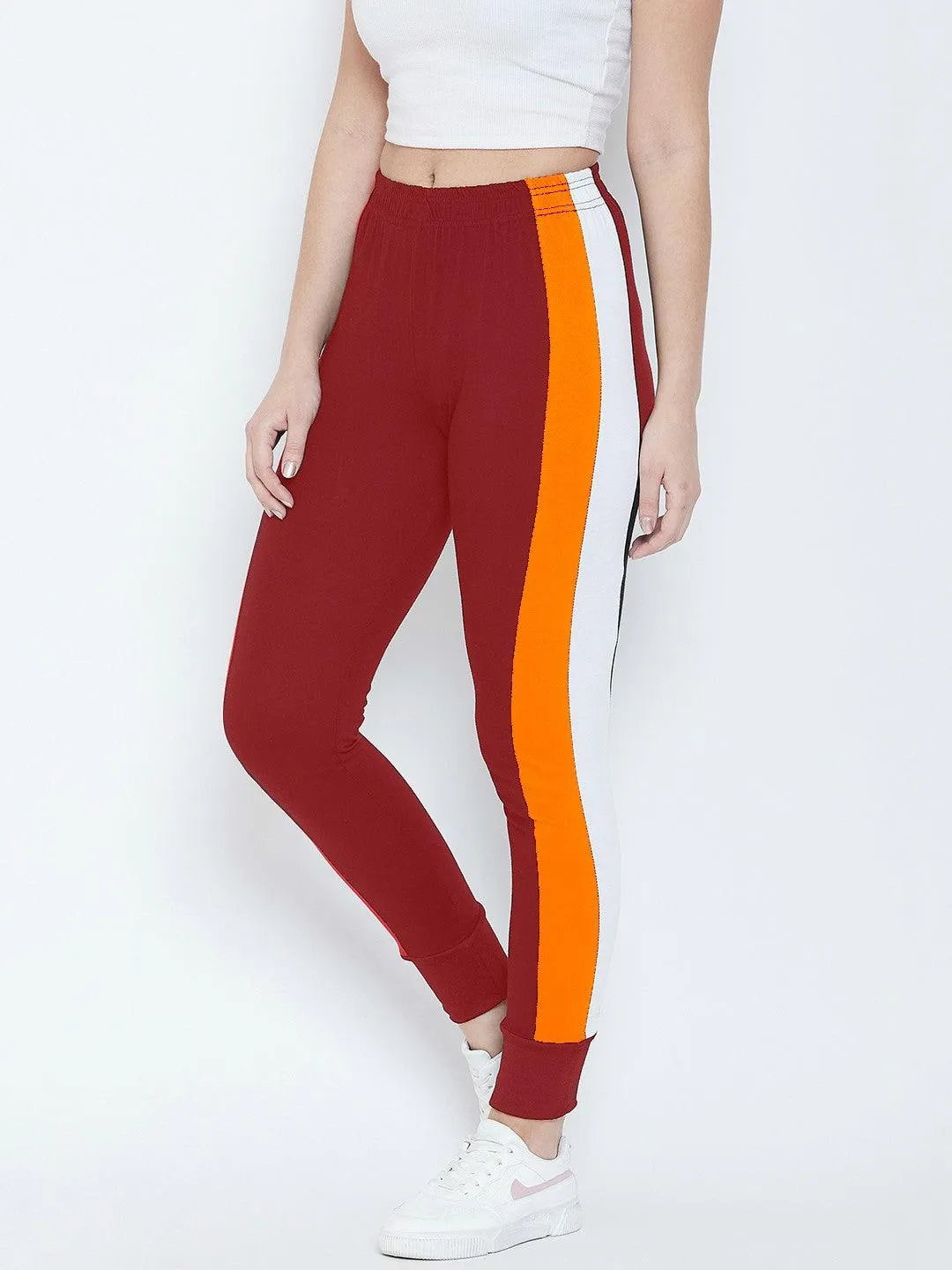 Women Maroon/Yellow Color Block Joggers