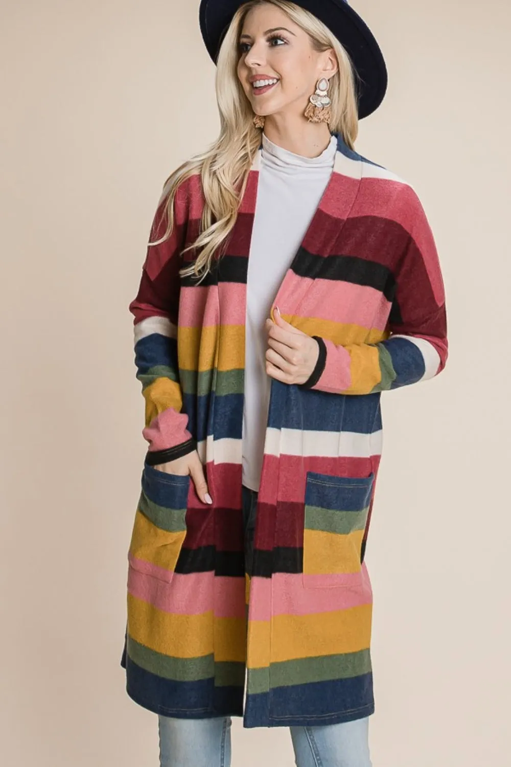 Women's Long Fashion Sweater Color Block Striped Open Front Cardigan