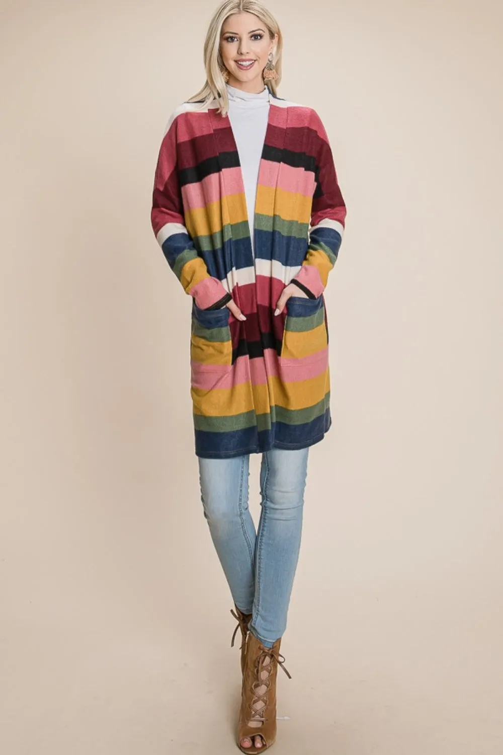 Women's Long Fashion Sweater Color Block Striped Open Front Cardigan