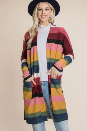 Women's Long Fashion Sweater Color Block Striped Open Front Cardigan