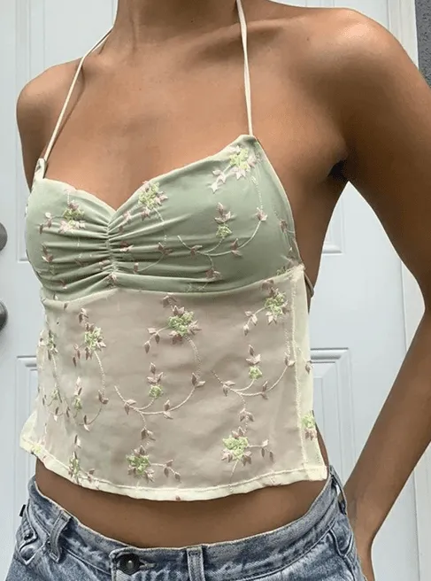 Y2k Floral Embroidery Backless Crop Top